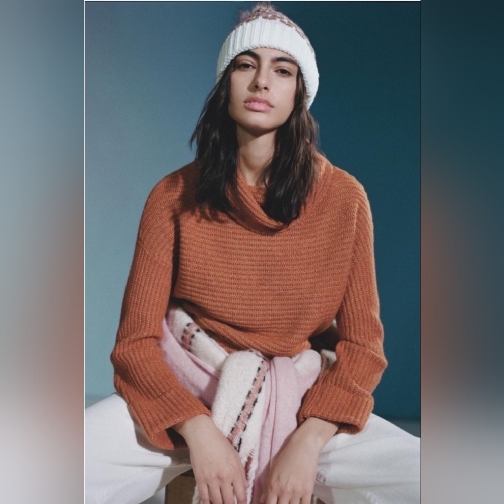 Anthropologie Pilcro Rust Cowl Neck Ribbed Chunky Sweater